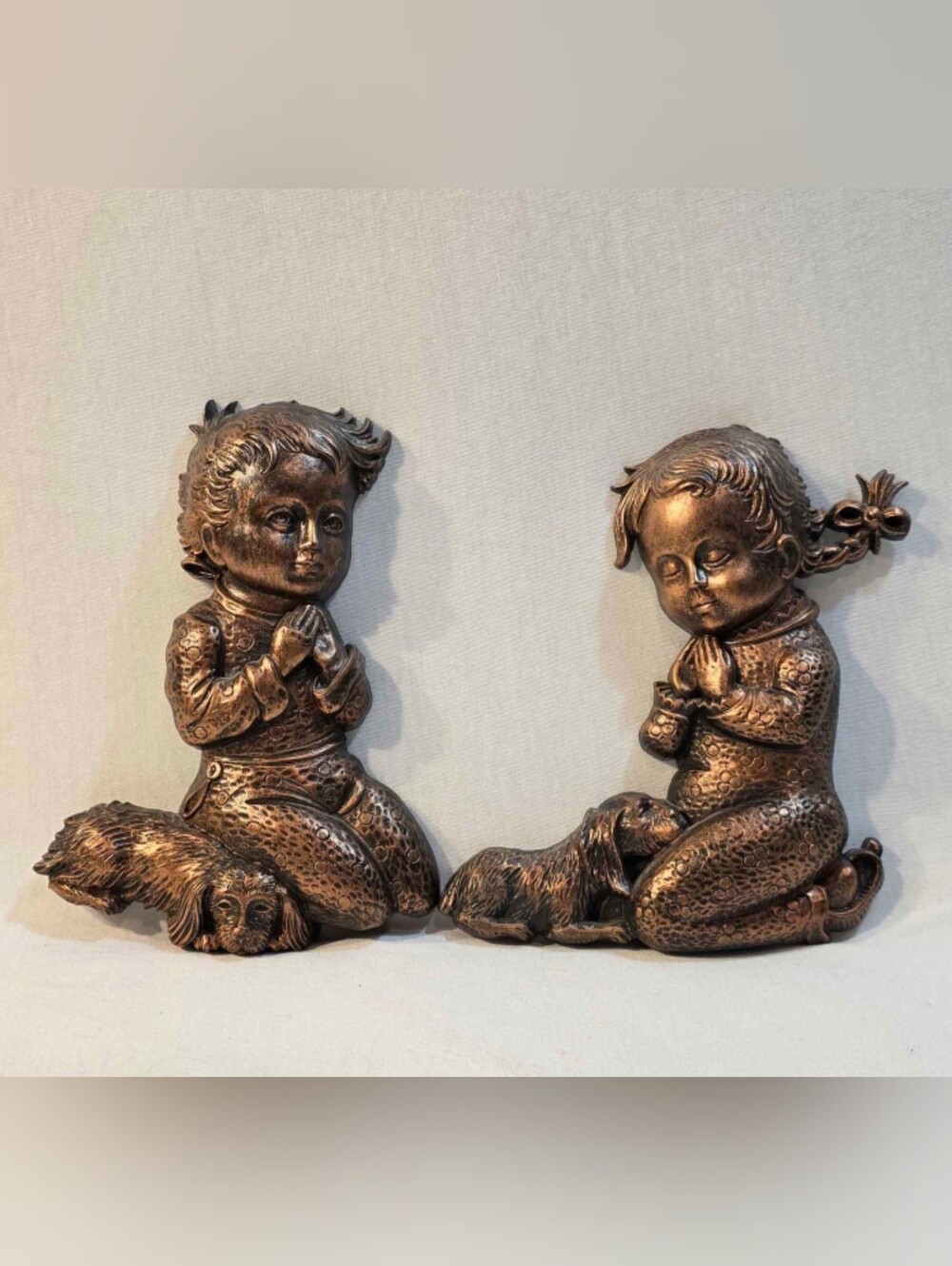 Vintage Homeco Bronze-Tone Praying Pair with Dogs - Decoration